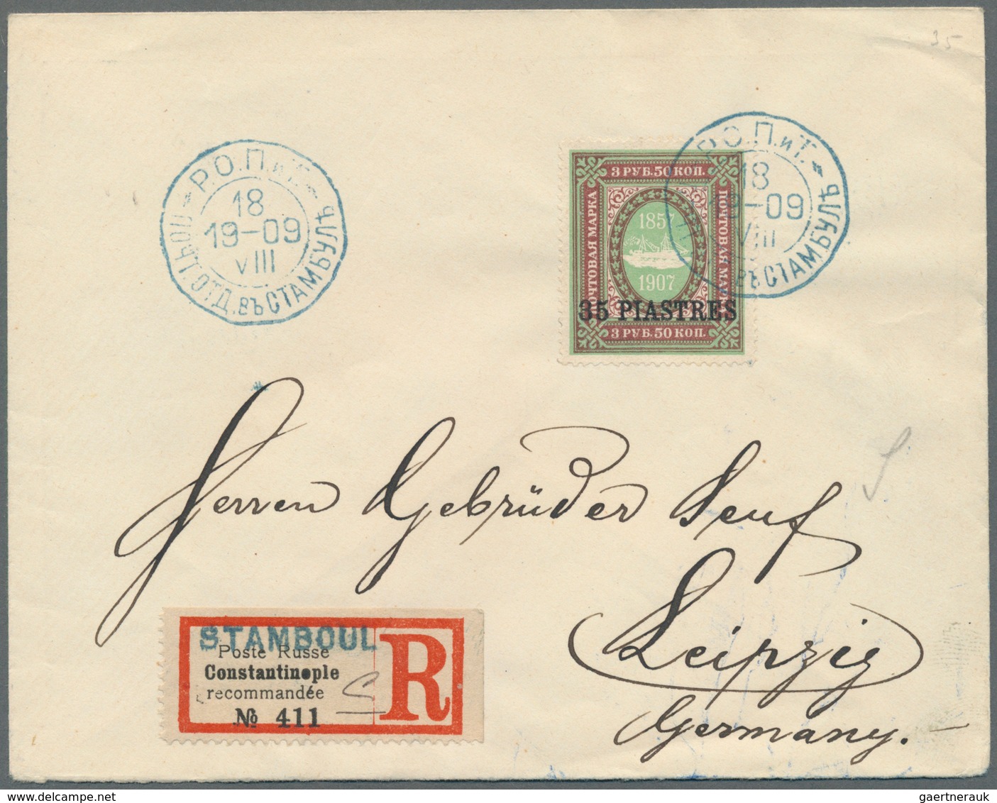 Russische Post In Der Levante - Staatspost: 1909, 35pi. On 3.50rbl. Green/brown, Single Franking On - Turkish Empire