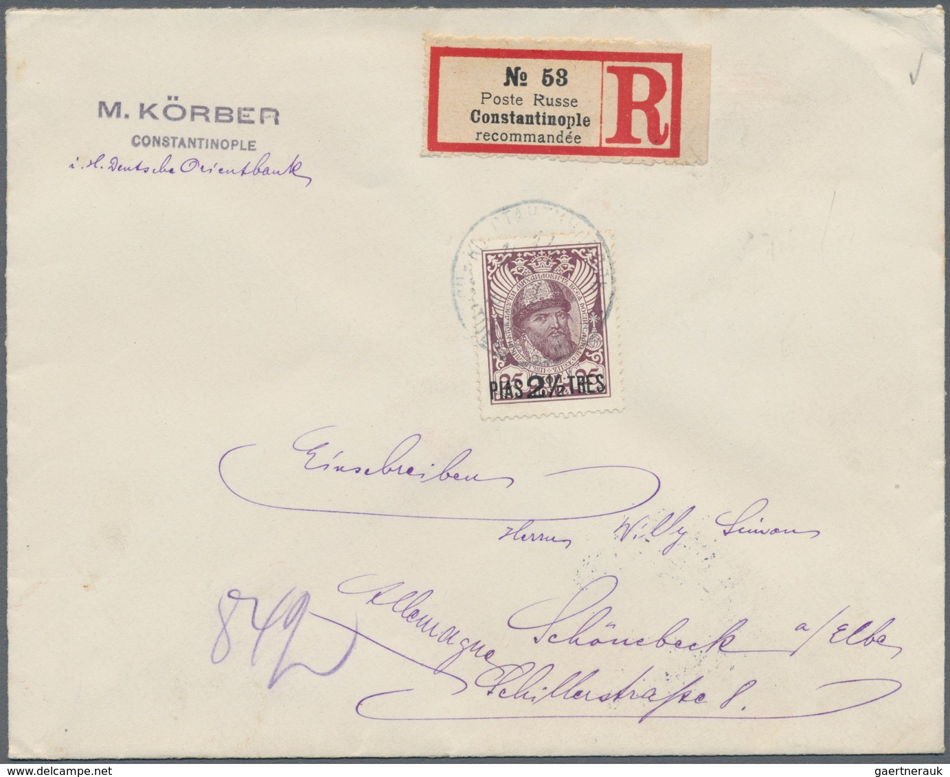 Russische Post In Der Levante - Staatspost: 1913, Romanov 2 1/2 Pia On 25 K. Used Constantinople To - Turkish Empire