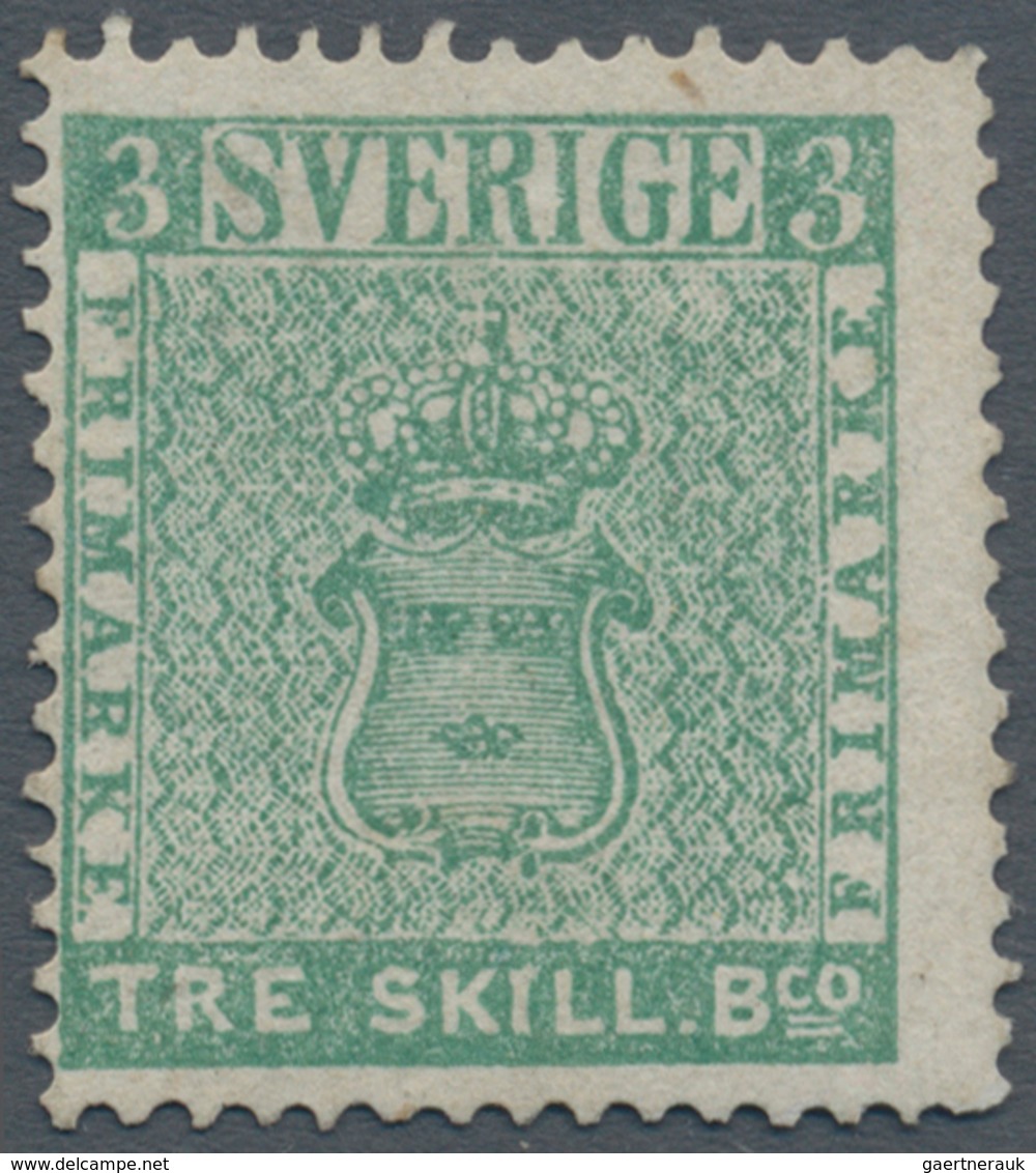 Schweden: 1855, Coat Of Arms 3 Skill Blue-green On Thin Paper Unused Without Gum, Minor Repairs Neve - Ongebruikt