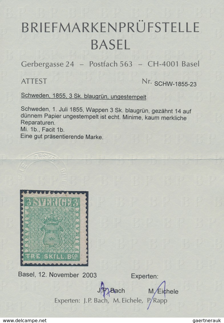 Schweden: 1855, Coat Of Arms 3 Skill Blue-green On Thin Paper Unused Without Gum, Minor Repairs Neve - Ongebruikt