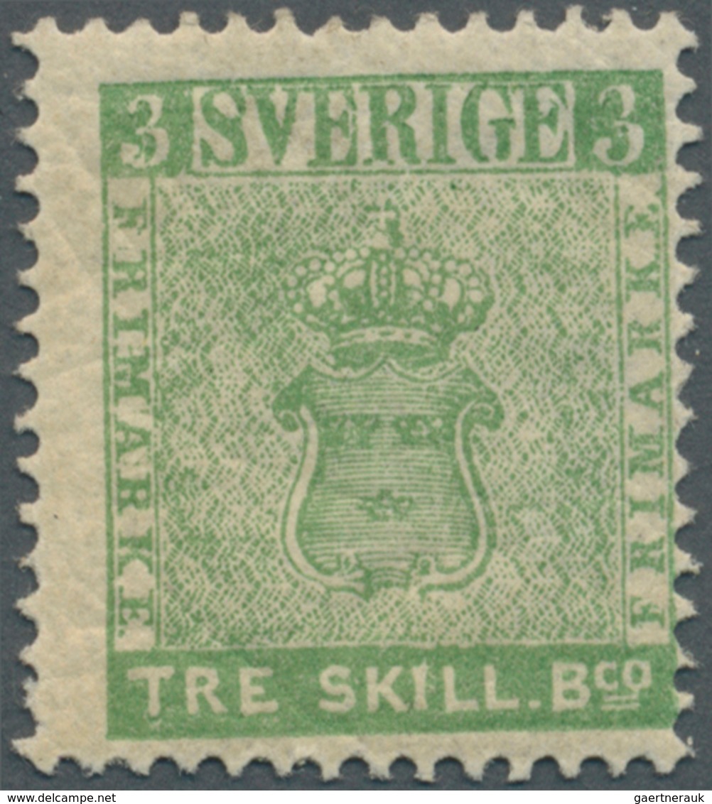 Schweden: 1855, Coat Of Arms 3 Skill Pale Green REPRINT With Large Part Original Gum , Fine And Scar - Ongebruikt