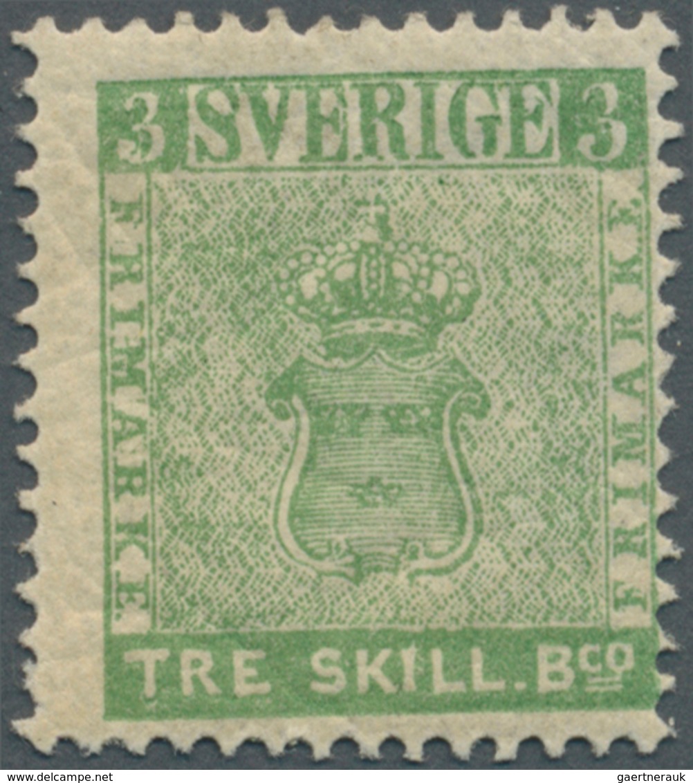 Schweden: 1855, Coat Of Arms 3 Skill Pale Green REPRINT With Large Part Original Gum , Fine And Scar - Unused Stamps