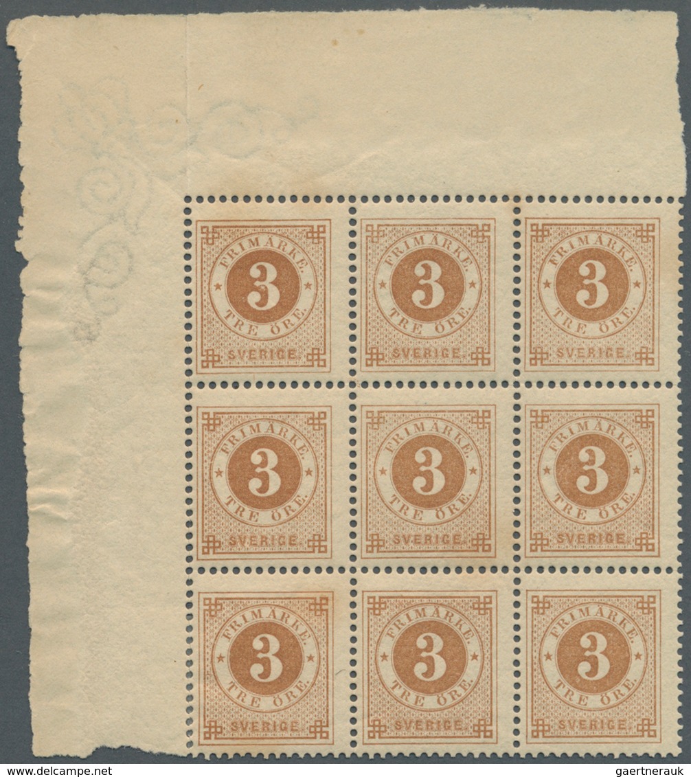 Schweden: 1877, Circle Type 3öre Brown Perf. 13 Block Of Nine From Upper Left Corner, Mint Never Hin - Ongebruikt