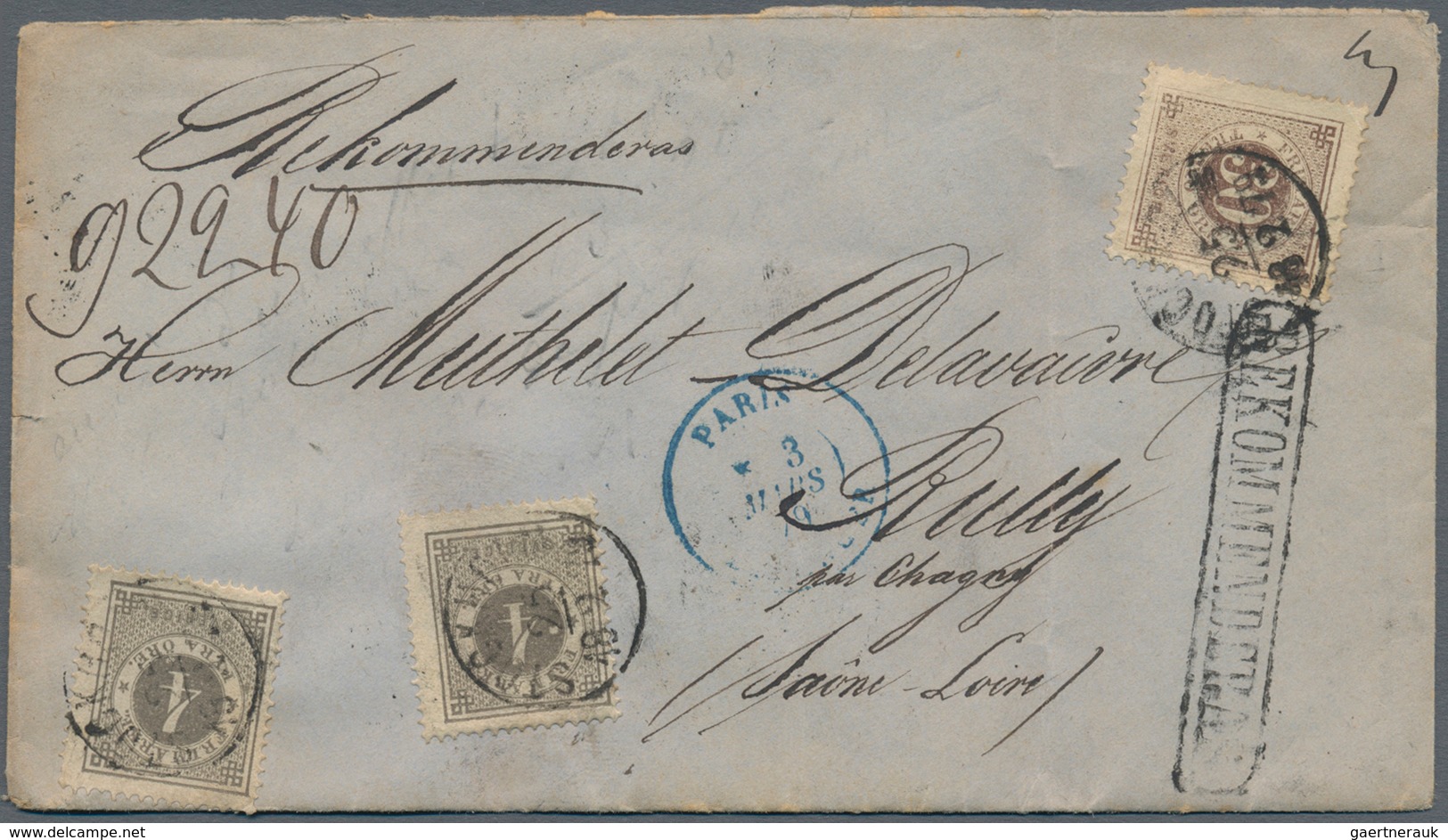 Schweden: 1877, 2 X 4 Öre Grey, Perf.14, Together With 30 Öre Brown, Perf.13, Each Tied By Single Ci - Ongebruikt