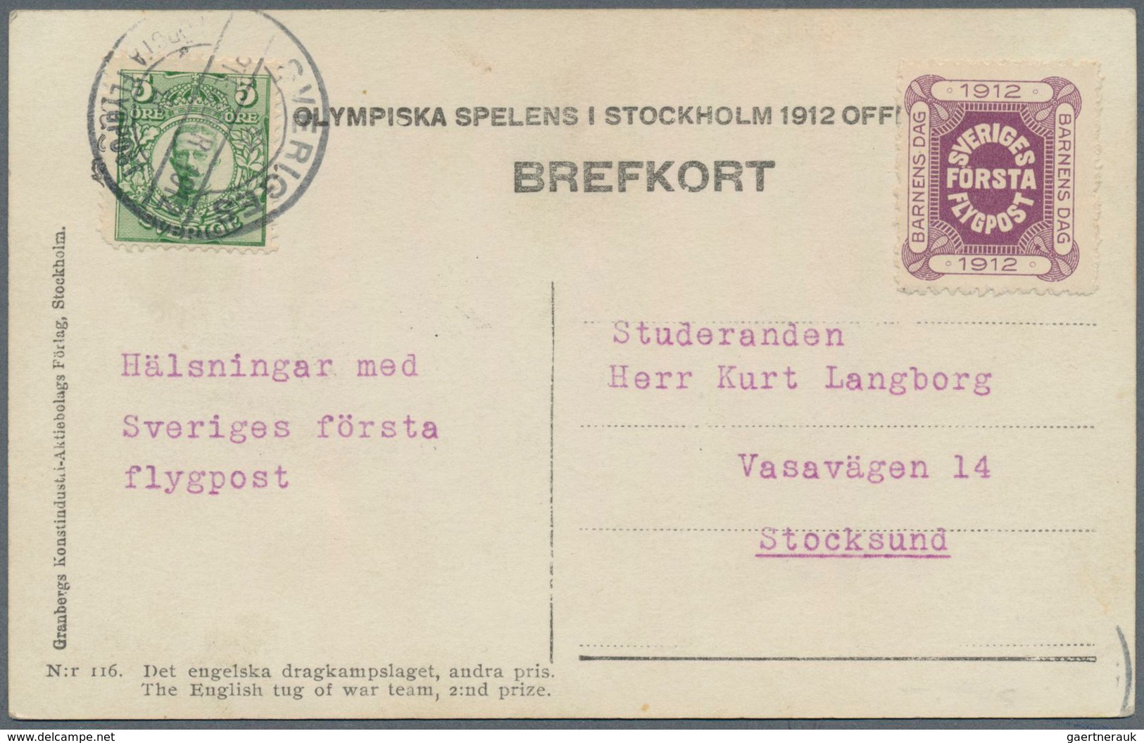 Schweden: 1912, First Swedish Airmail, 5 Öre Green King Gustaf V. Together With Lilac Airmail-stamp - Unused Stamps