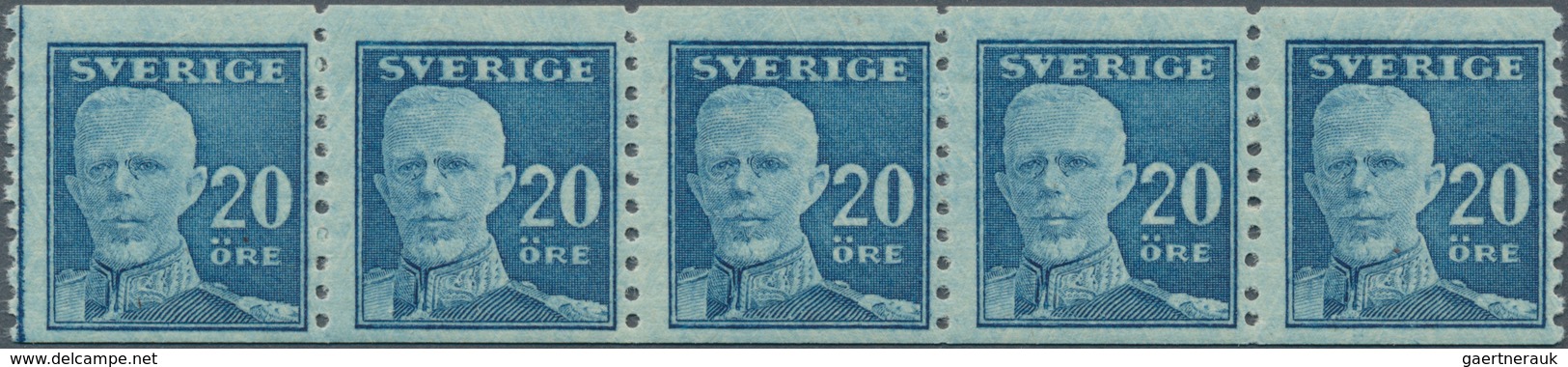 Schweden: 1920 'King Gustaf V' 20øre Blue, Horizontal Strip Of Five Coil Stamps, Perforated Vertical - Ongebruikt