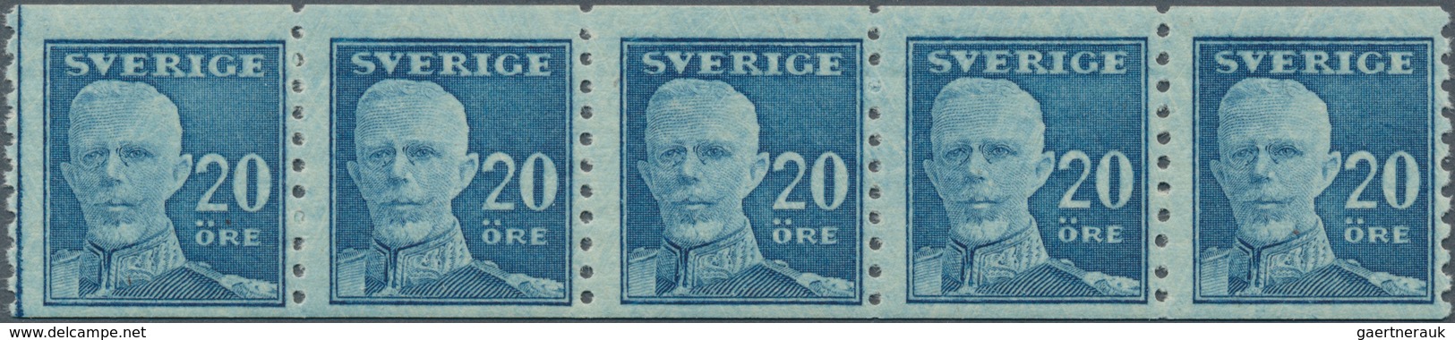 Schweden: 1920 'King Gustaf V' 20øre Blue, Horizontal Strip Of Five Coil Stamps, Perforated Vertical - Unused Stamps