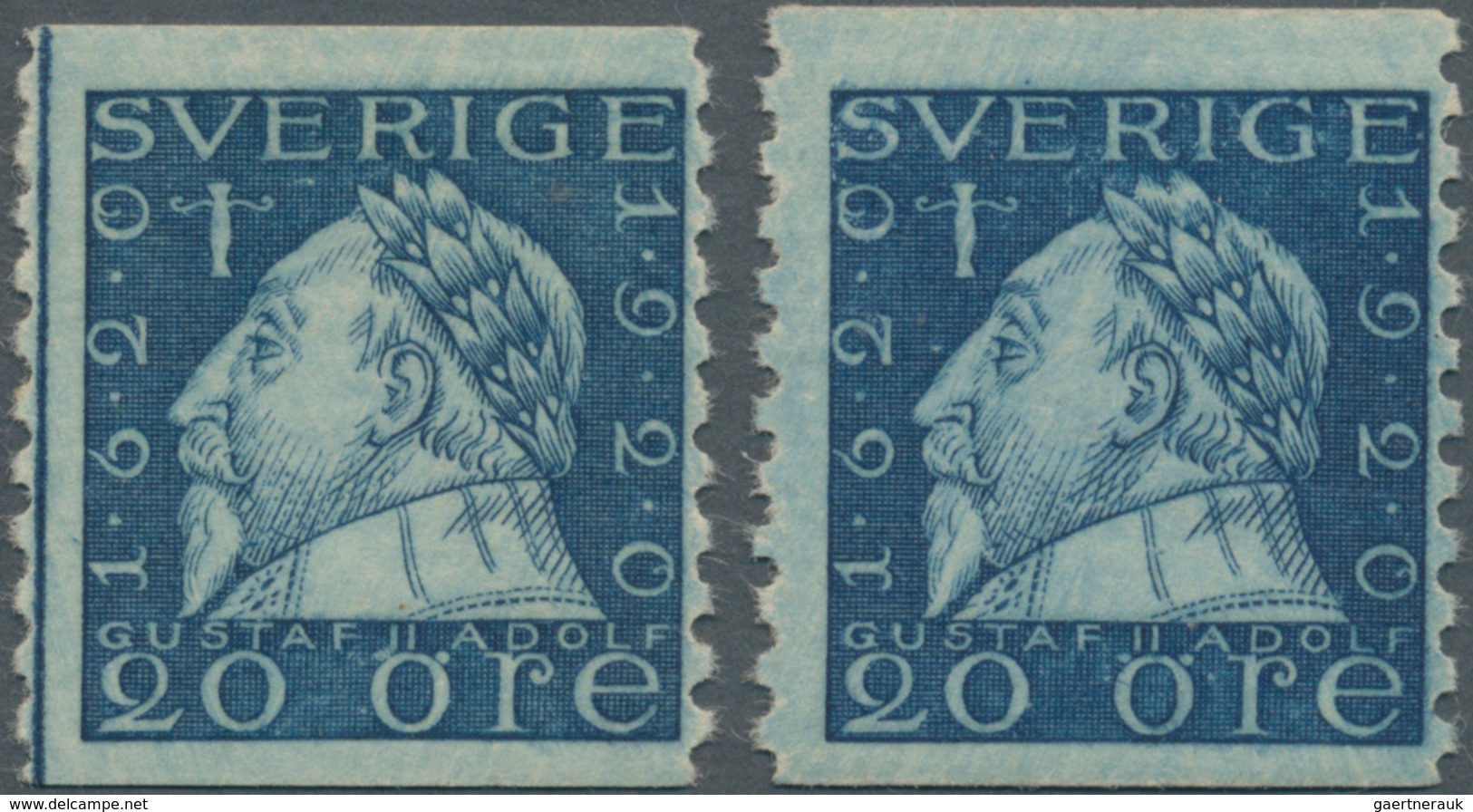 Schweden: 1920, King Gustaf II. Adolf 20öre Blue Vert. Perf. 9¾ Two Stamps With Watermark ‚lines‘, O - Nuovi