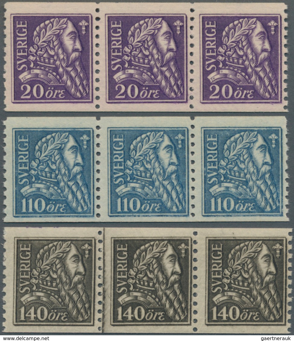 Schweden: 1921, King Gustaf Vasa Without Wmk. Complete Set Of Three In Strips/3, Mint Never Hinged, - Nuovi