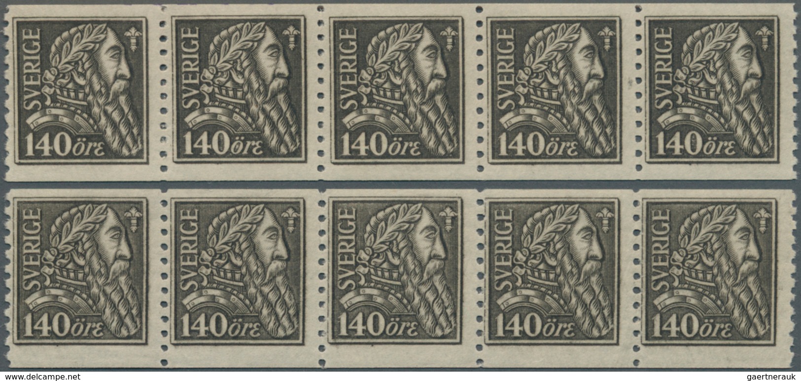 Schweden: 1921, King Gustaf Vasa 140öre Without Wmk. In Two Strips Of Five In Different Shades, Mint - Nuovi