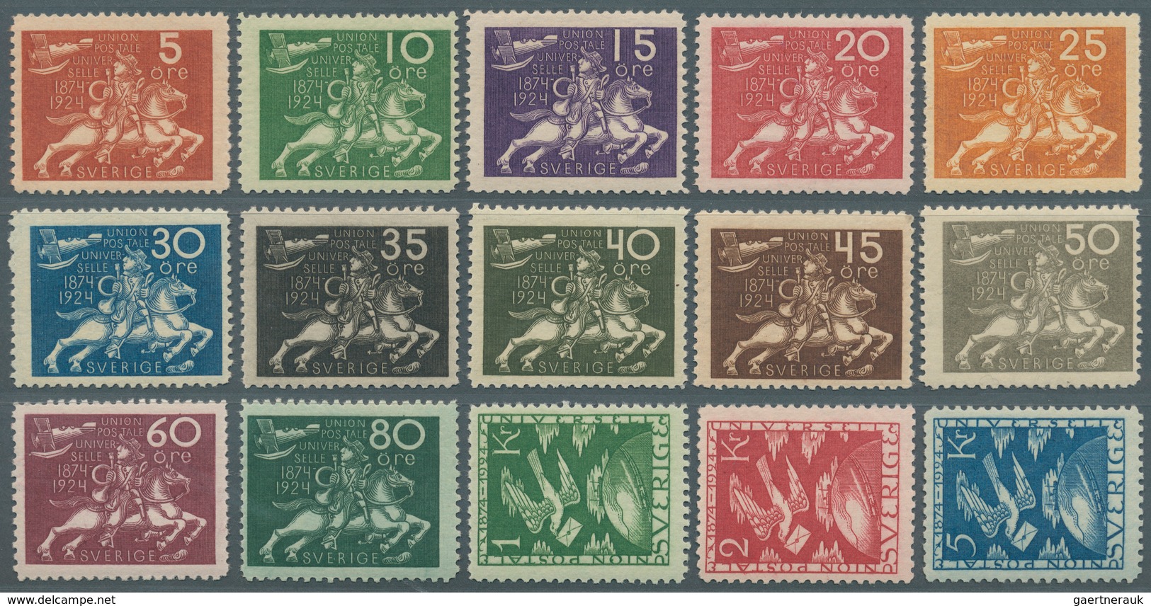 Schweden: 1924, 50 Jahre UPU, 15 Werte Kompletter Satz Postfrisch, Meist Gut Zentriert, Attest Soran - Unused Stamps