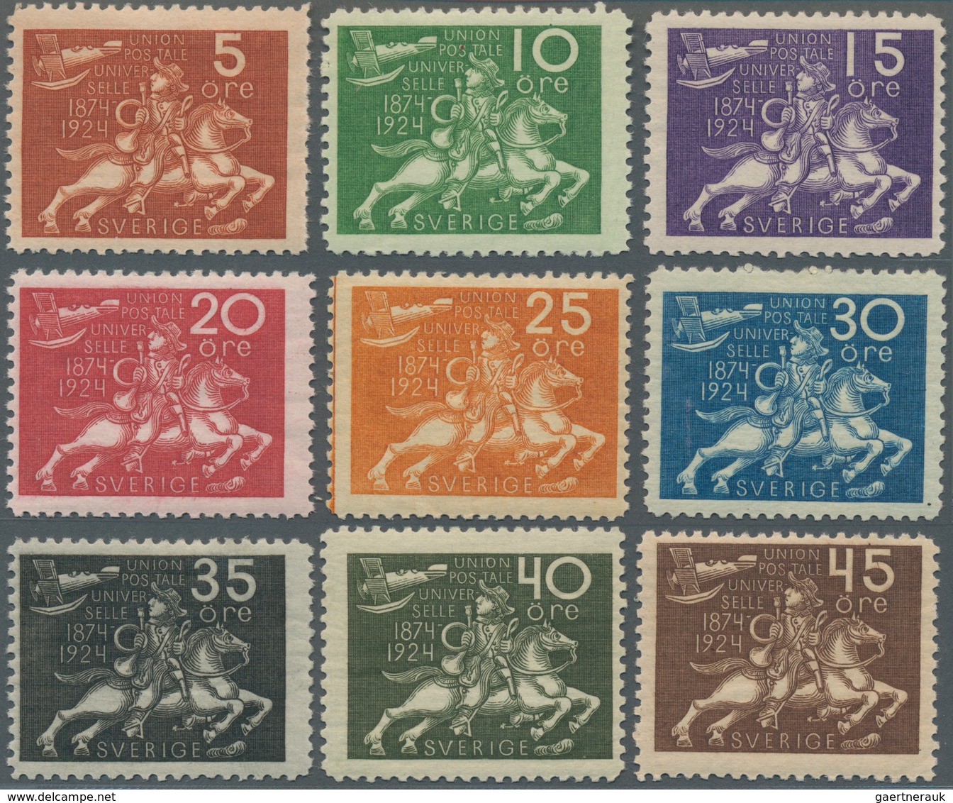 Schweden: 1924, 50th Anniversary Of The Universal Postal Union (UPU) Complete Set Of 15, Mint Hinged - Unused Stamps