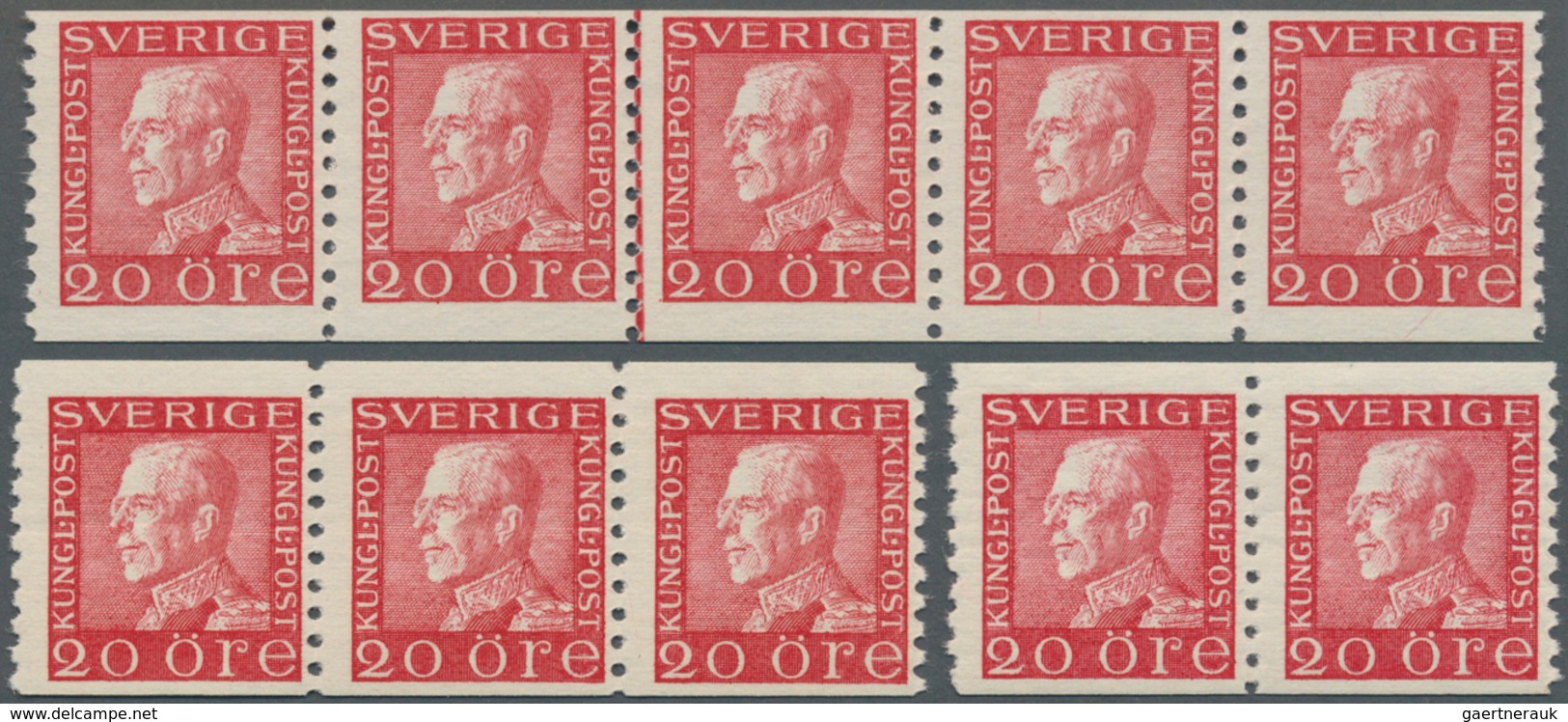Schweden: 1934, King Gustaf V. 20öre Carmine On White Paper Horizontal Strips Of Five And Three And - Unused Stamps