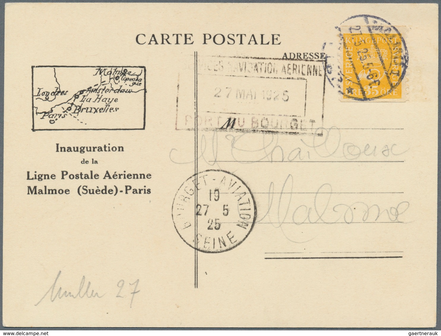 Schweden: 1925, Flugpostkarte "Malmoe (Suède)-Paris Frankiert Mit 35 Öre Orangegelb Posthorn. - Ongebruikt