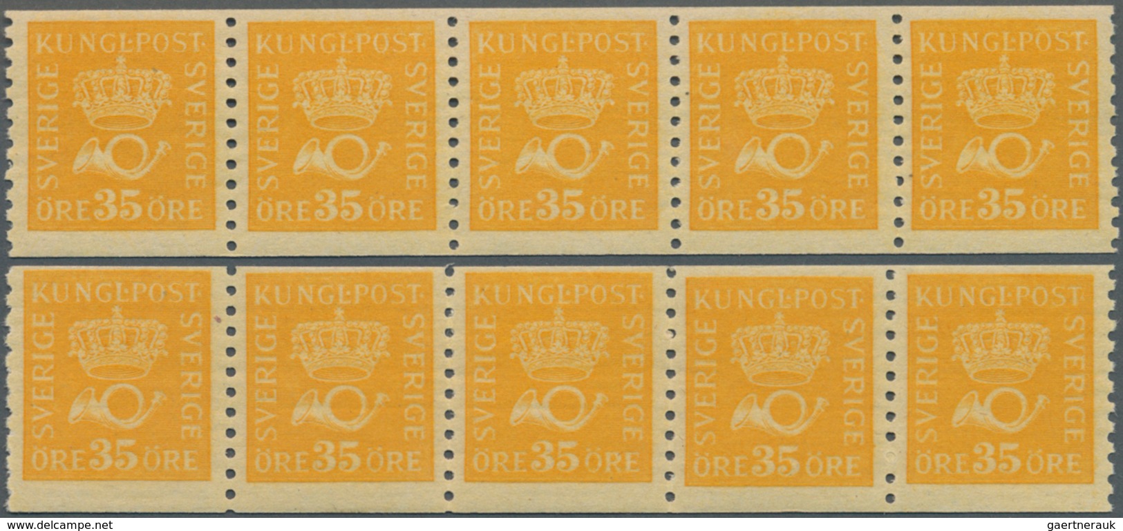 Schweden: 1922, Crown And Posthorn 35öre Orange-yellow Without Wmk. In Two Horizontal Strips Of Five - Ongebruikt