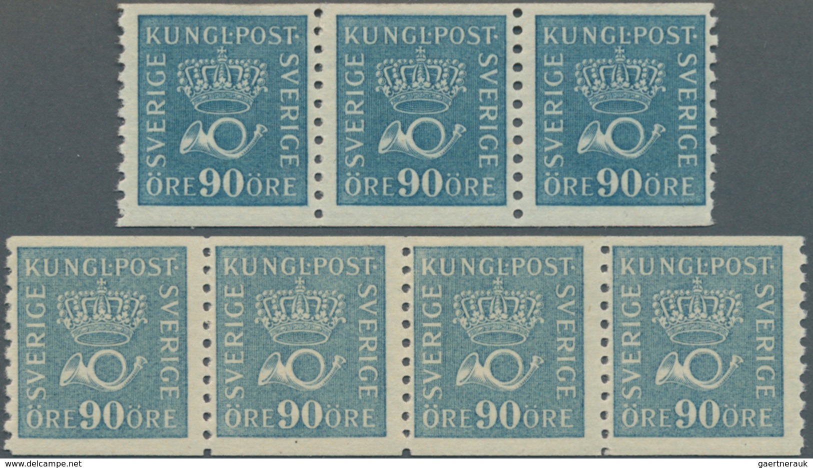 Schweden: 1925, Crown And Posthorn 90öre Blue On Toned Paper In Horizontal Strips Of Three And Four - Ongebruikt