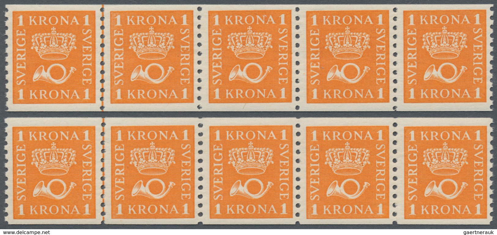 Schweden: 1934, Crown And Posthorn 1kr. Orange On White Paper Two Horiz. Strips Of Five, Mint Never - Nuovi