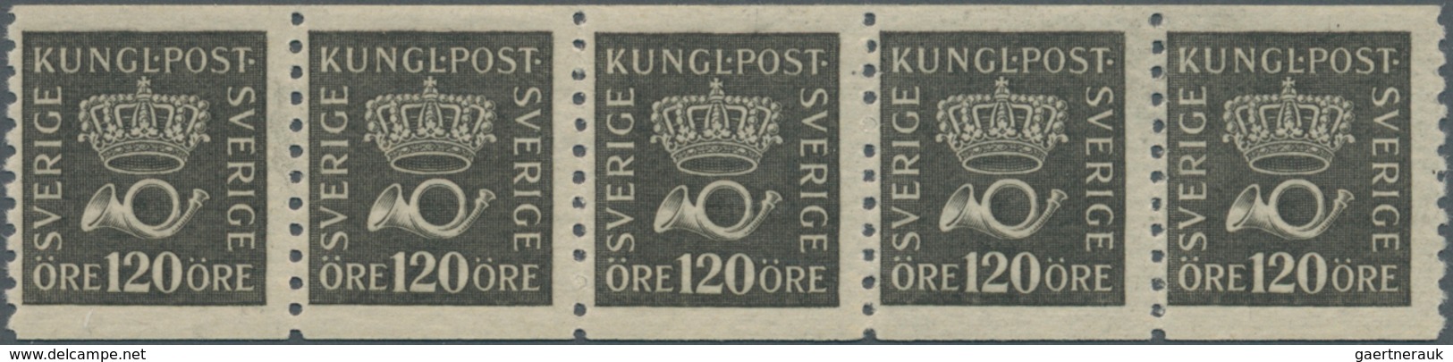 Schweden: 1925, Crown And Posthorn 120öre Black On Toned Paper Horizontal Strip Of Five, Mint Never - Ongebruikt