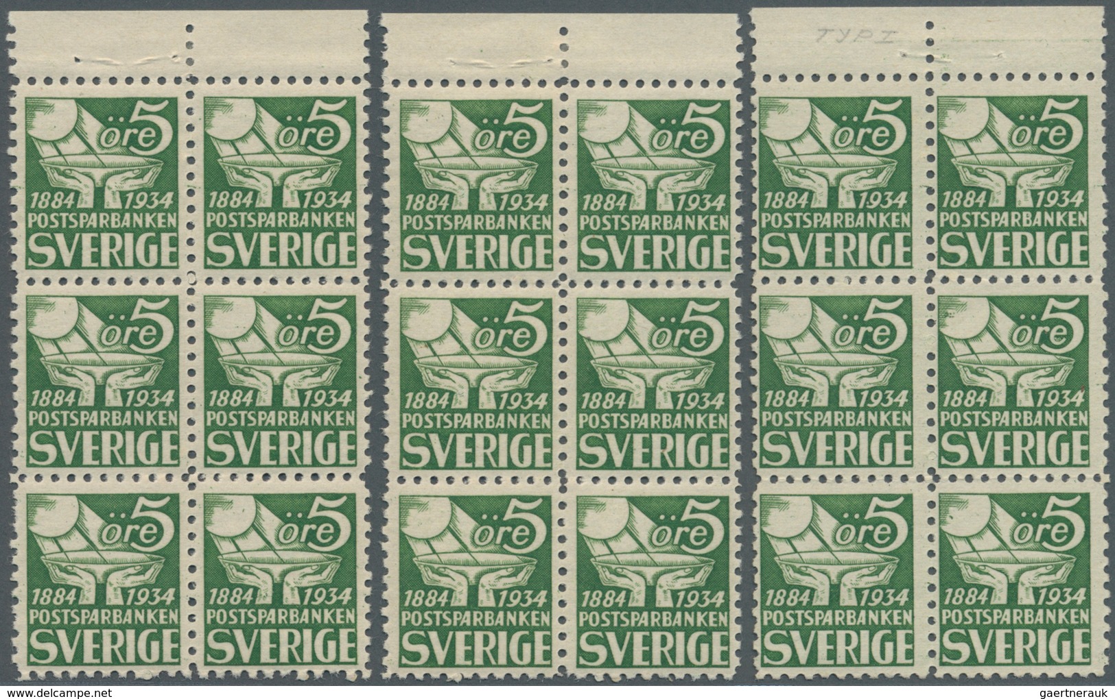 Schweden: 1933, 50th Anniversary Of The Postal Savings Bank 5öre Green In Type I In Three Blocks Of - Ongebruikt