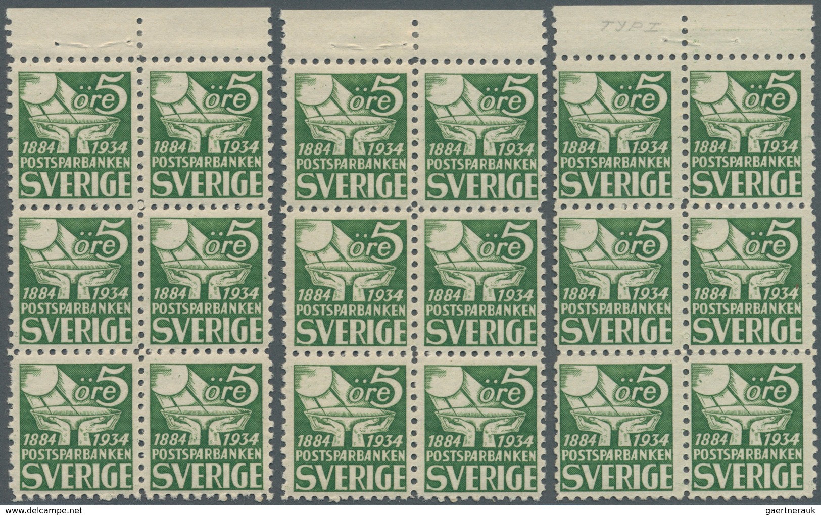 Schweden: 1933, 50th Anniversary Of The Postal Savings Bank 5öre Green In Type I In Three Blocks Of - Unused Stamps