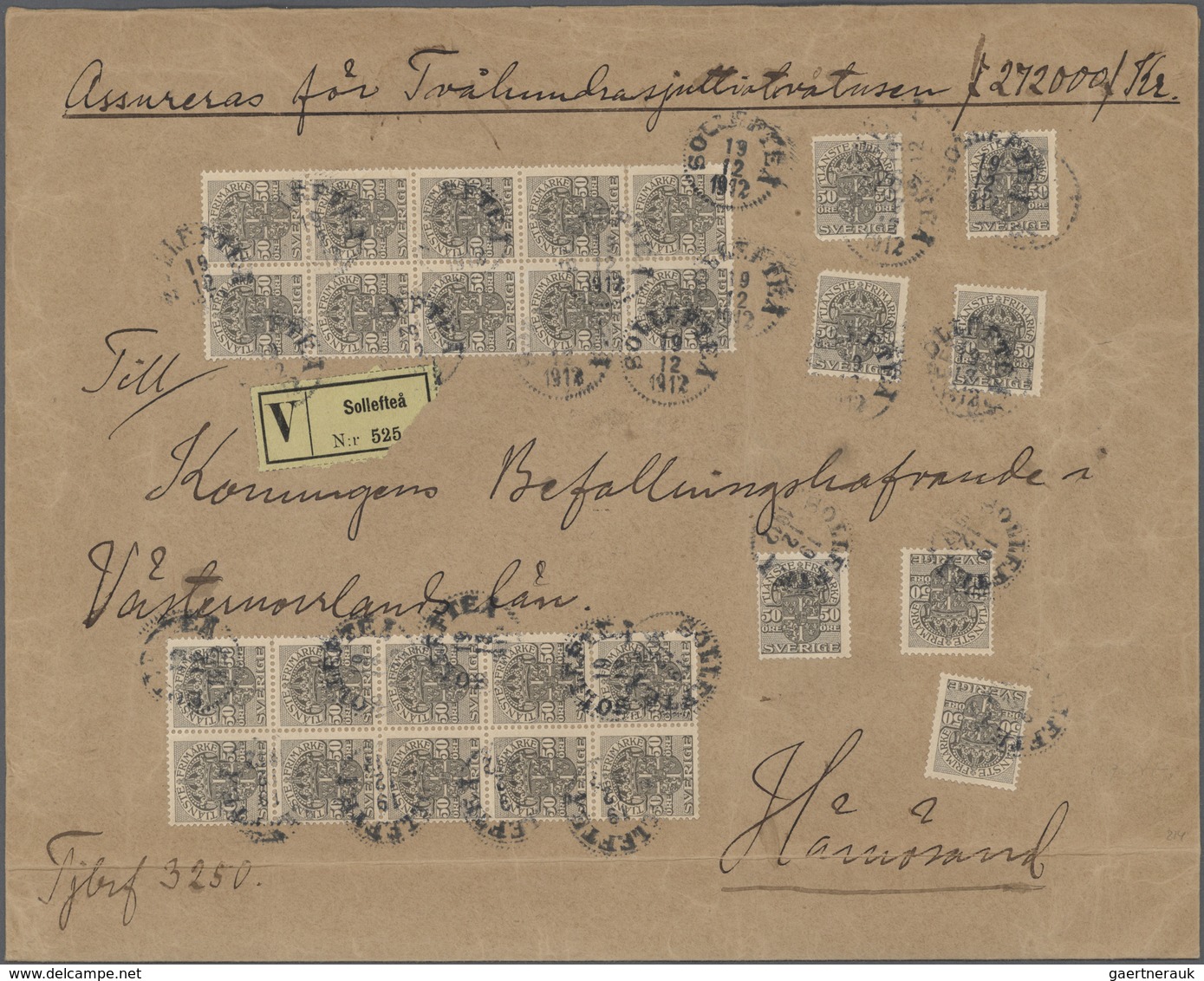 Schweden - Dienstmarken: 1912, Larger Envelope, Value Declared "272.000 Kr" Franked With 50 Öre In T - Servizio