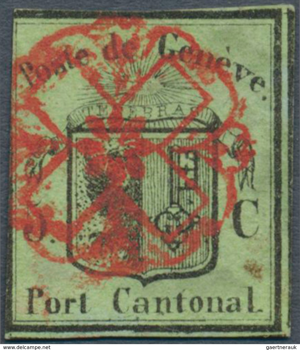 Schweiz - Genf: 1845, 5 C. Kleiner Adler Grün, Sauber Gestempelt Mit Roter Genferrosette "AW No 2", - 1843-1852 Federal & Cantonal Stamps