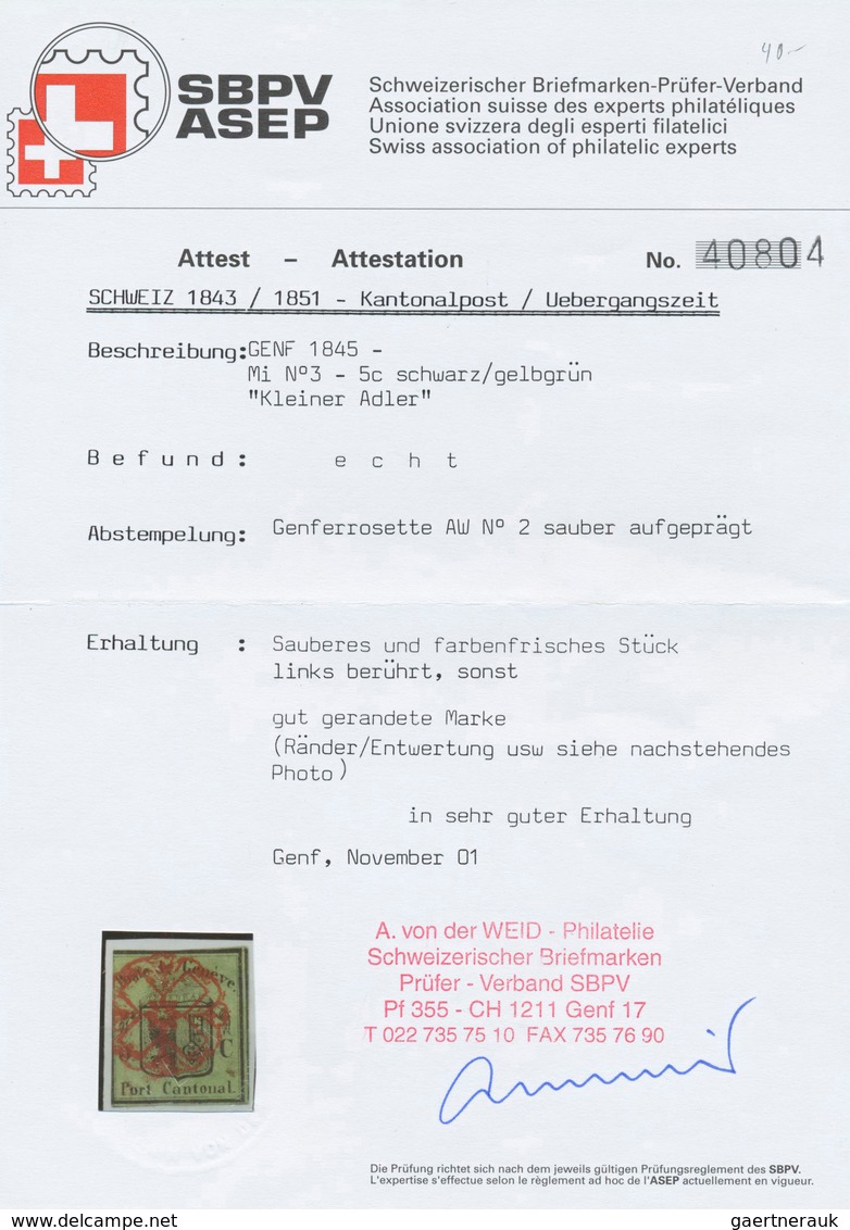 Schweiz - Genf: 1845, 5 C. Kleiner Adler Grün, Sauber Gestempelt Mit Roter Genferrosette "AW No 2", - 1843-1852 Federal & Cantonal Stamps