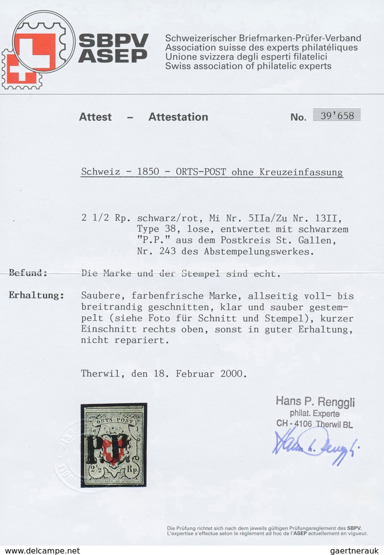 Schweiz: 1850, Orts-Post 2 1/2 Rp. Schwarz/orangerot In Type II Ohne Kreuzeinfassung, Attest Renggli - Andere & Zonder Classificatie