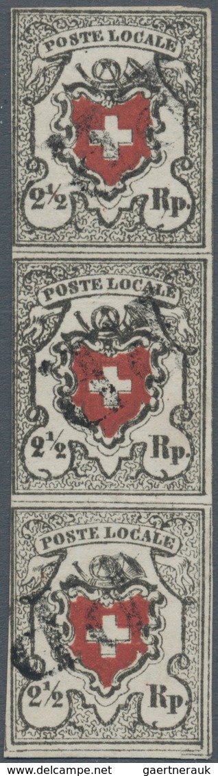 Schweiz: 1850 'Poste Locale' 2½ Rp. Tiefschwarz/braunrot Mit Kreuzeinfassung, Senkrechter 3er-Streif - Andere & Zonder Classificatie