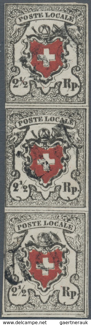 Schweiz: 1850 'Poste Locale' 2½ Rp. Tiefschwarz/braunrot Mit Kreuzeinfassung, Senkrechter 3er-Streif - Other & Unclassified