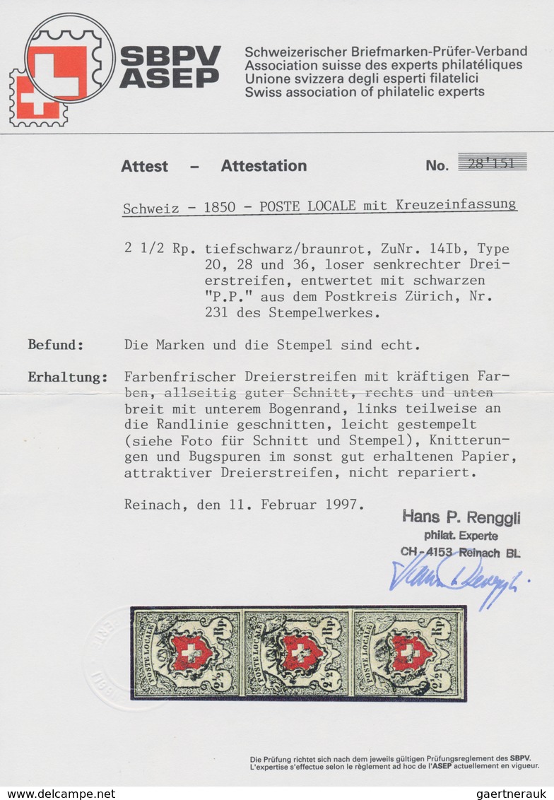 Schweiz: 1850 'Poste Locale' 2½ Rp. Tiefschwarz/braunrot Mit Kreuzeinfassung, Senkrechter 3er-Streif - Andere & Zonder Classificatie