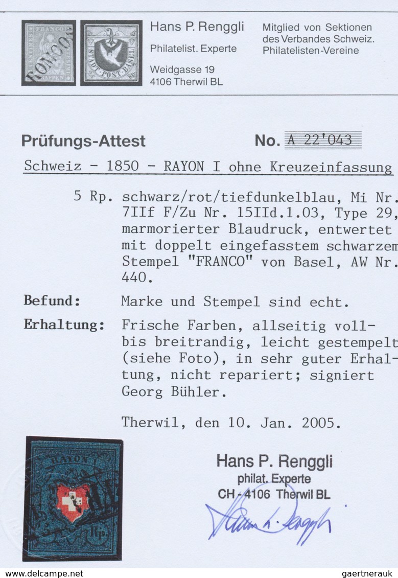 Schweiz: 1850, 5 Rp. Schwarz/lebhaftkarminrot/schwärzlichblau, Type 29, Ohne Kreuzeinfassung, Fotoat - Andere & Zonder Classificatie