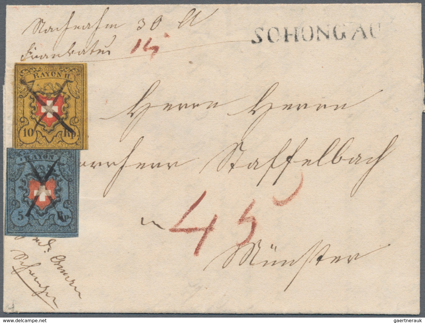 Schweiz: 1850 Rayon II 10 Rp. Schwarz/rot/dunkelorangegelb (Type 16, Stein A1-U) Zusammen Mit Rayon - Altri & Non Classificati