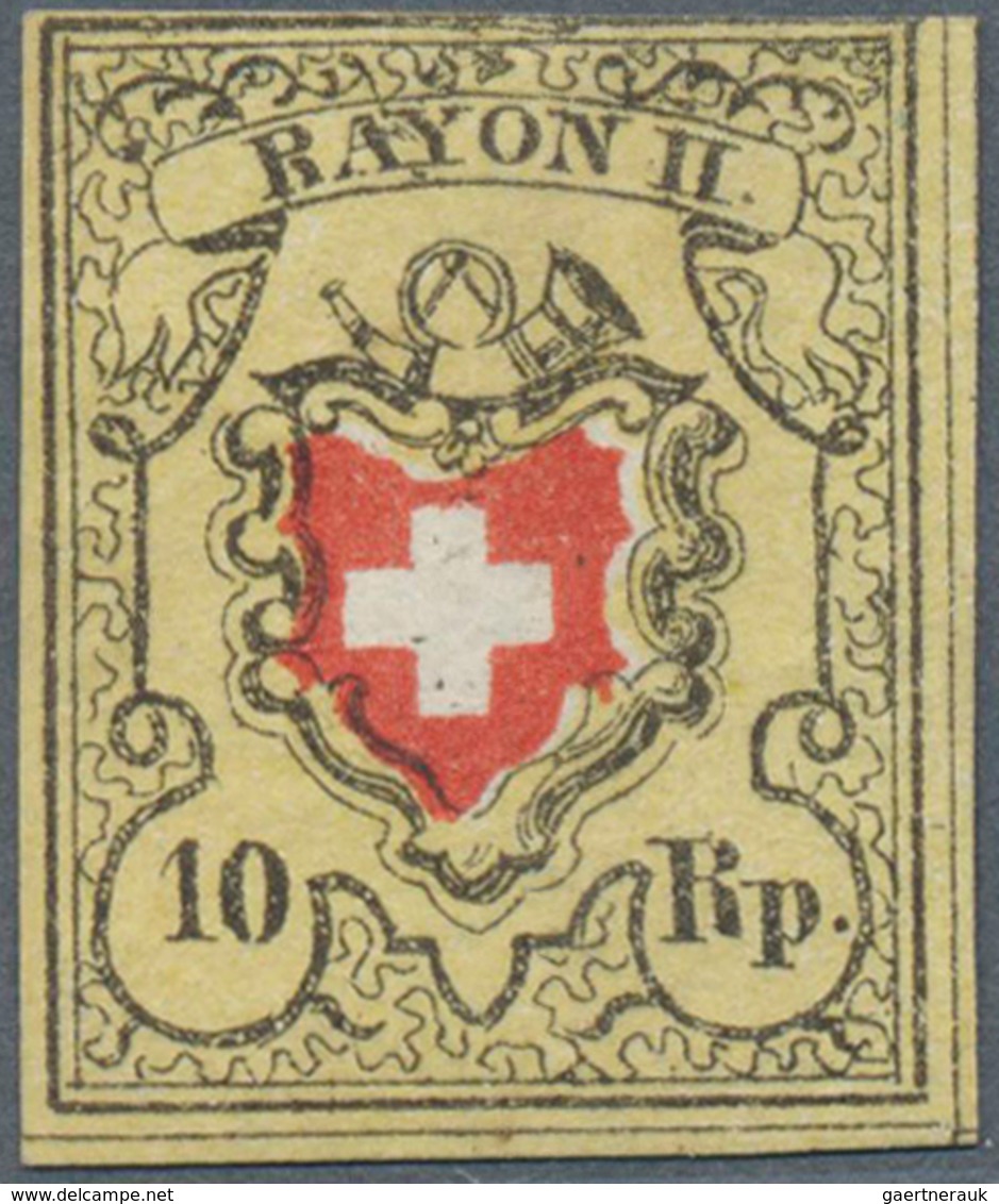 Schweiz: 1850 Rayon II 10 Rp. Schwarz/rot/gelb, Type 5 Vom Stein E-LO Mit 'Plattenfehler' "Obere Ran - Other & Unclassified