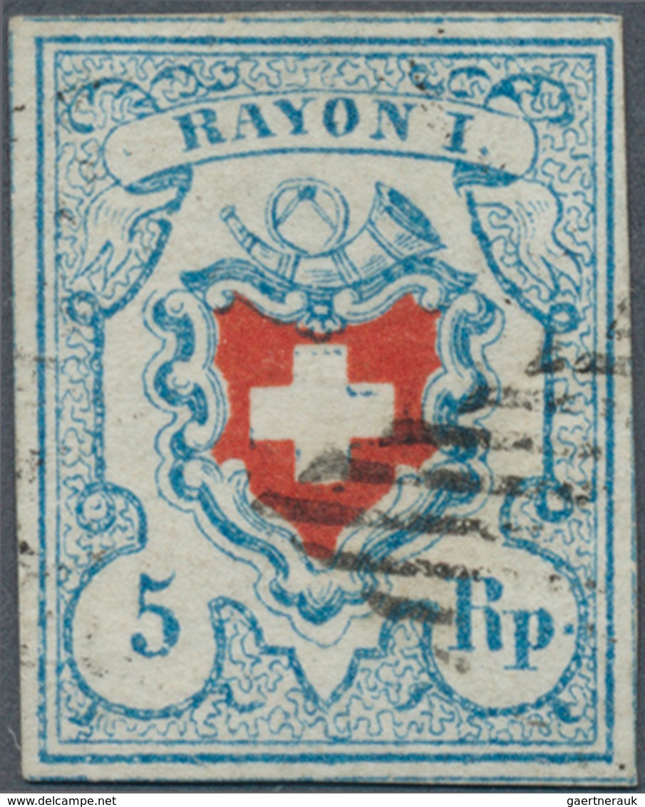 Schweiz: 1850-51 Rayon I 5 Rp. Hellblau/rot Mit Ca. 3/12 Kreuzeinfassung, Type 3 Vom Stein C1-LU, Ge - Andere & Zonder Classificatie