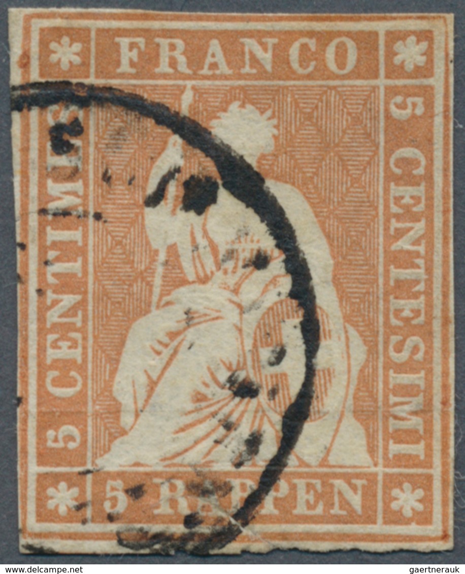 Schweiz: 1854 Strubel 5 Rp. Orangebraun Vom 1. Münchner Druck, Gebraucht Und Entwertet Mit Schwarzem - Andere & Zonder Classificatie