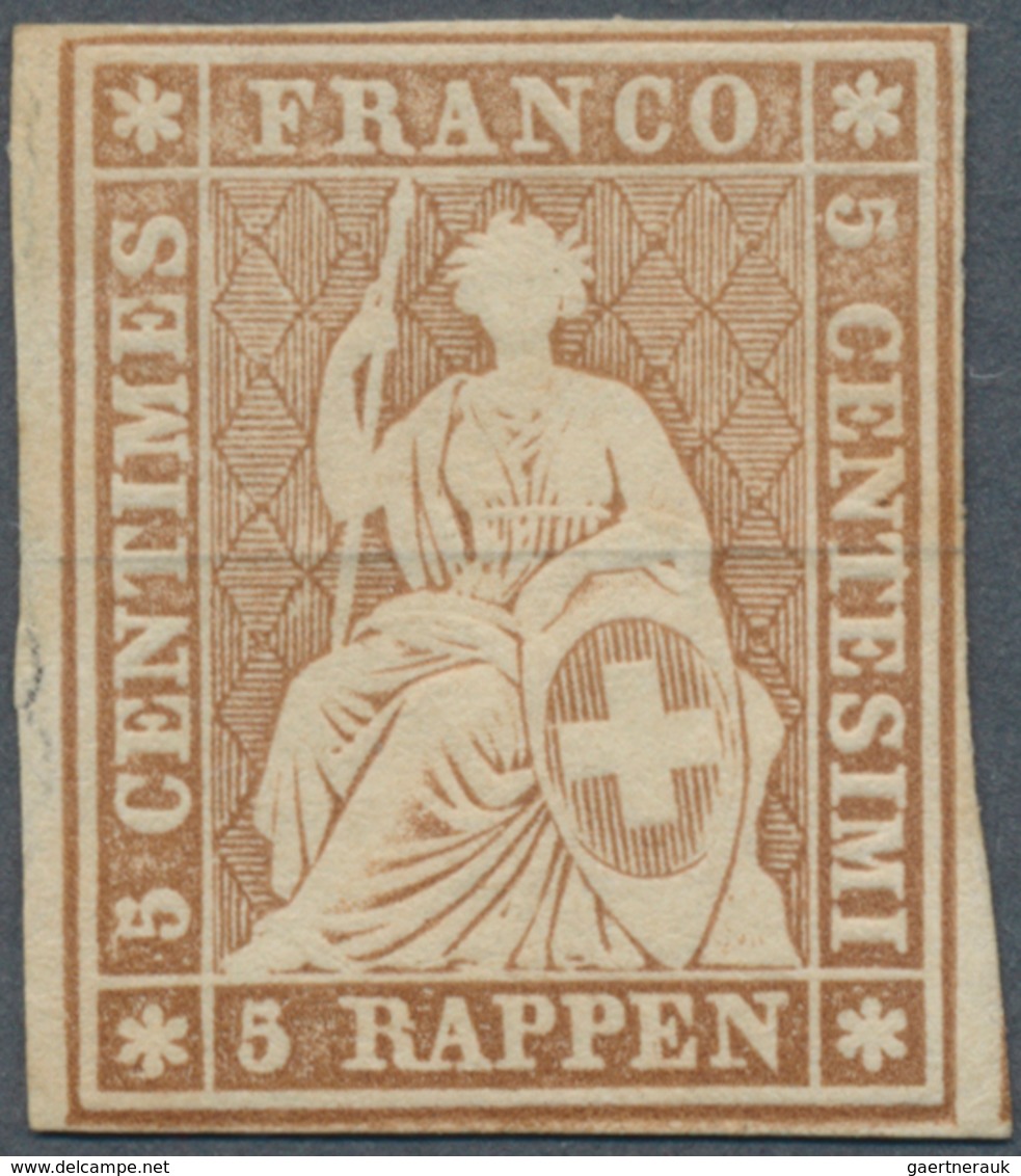Schweiz: 1854 Strubel 5 Rp. Braun, Später Münchner Druck, Mit Plattenfehler "kurzer Strich Rechts Am - Andere & Zonder Classificatie