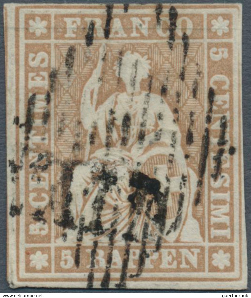 Schweiz: 1855, 5 Rp. Mattgraubraun Strubel Berner Druck II Mit Grünem Seidenfaden (Zu. Nr. 22F), Bef - Andere & Zonder Classificatie