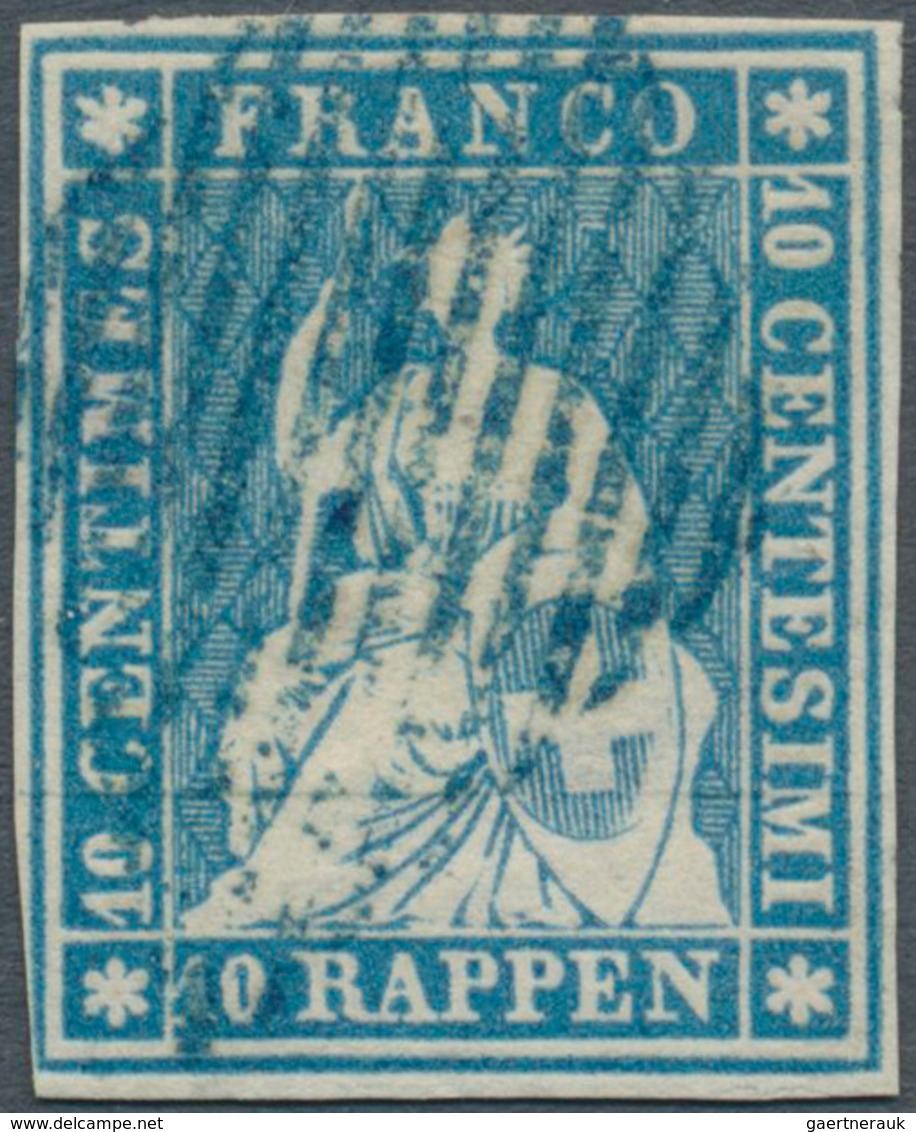 Schweiz: 1854, 10 Rp. Preußischblau, Münchner Druck Auf Dünnem Papier Mit Grünem Seidenfaden, Weissr - Other & Unclassified