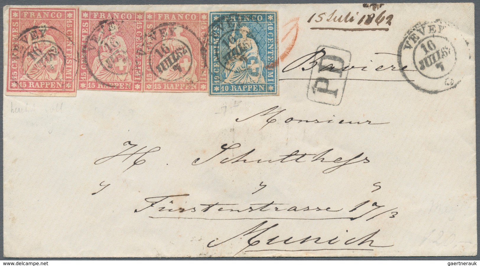 Schweiz: 1862, Briefkuvert Von Vevey Nach München Frankiert Mit Strubel 10 Rp. Blau Und Drei Einzelw - Altri & Non Classificati