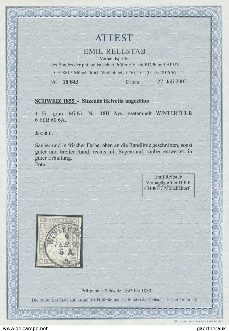 Schweiz: 1855, 1 Fr. Violettgrau Sitzende Helvetia, Berner Druck, Gestempelt "WINTERTHUR 6 FEB 60 6A - Andere & Zonder Classificatie