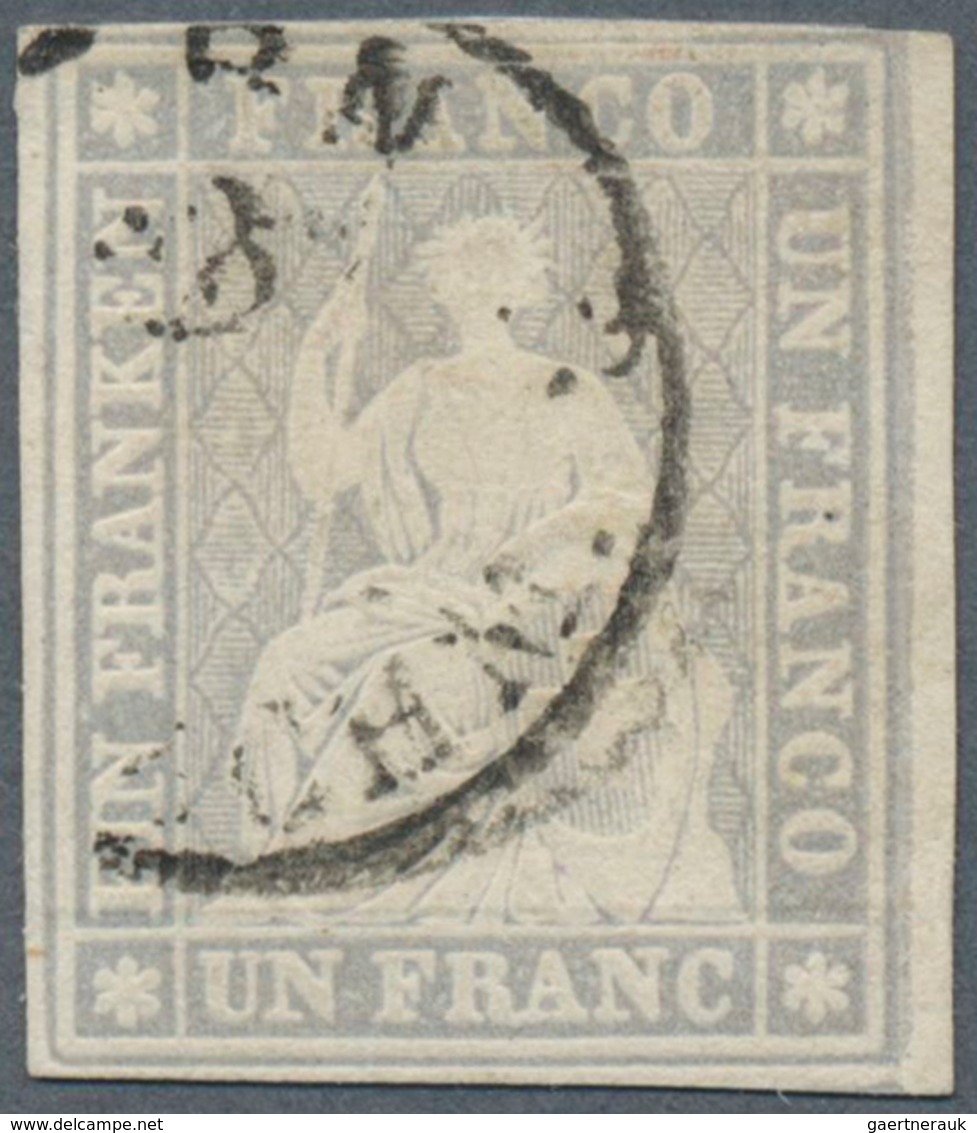Schweiz: 1855 Strubel 1 Fr. Grau Mit Schwarzem Seidenfaden, Gebraucht 1859 Und Gestempelt Mit Ortsst - Other & Unclassified