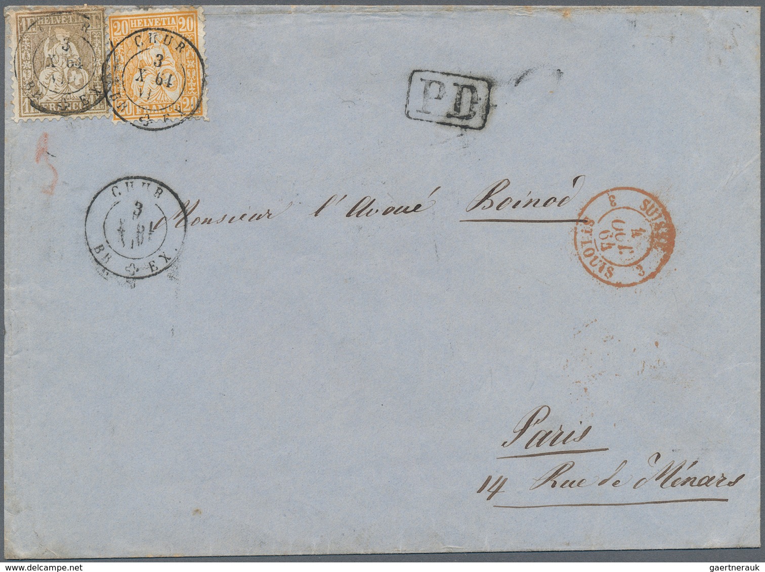 Schweiz: 1864. Sitzende Helvetia, 20 Rp Orange  Und 1 Fr Gold (kl. Mgl.), übergehend Entwertet CHUR - Altri & Non Classificati