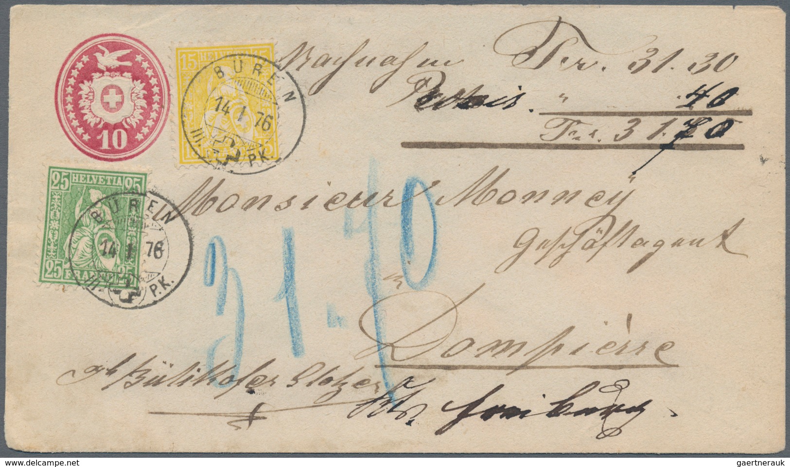 Schweiz: 1868/1875, 10 C Karmin Ganzsachenumschlag Mit Zfr 15 C Gelb U. 25 C Grün "Sitzende Helvetia - Altri & Non Classificati