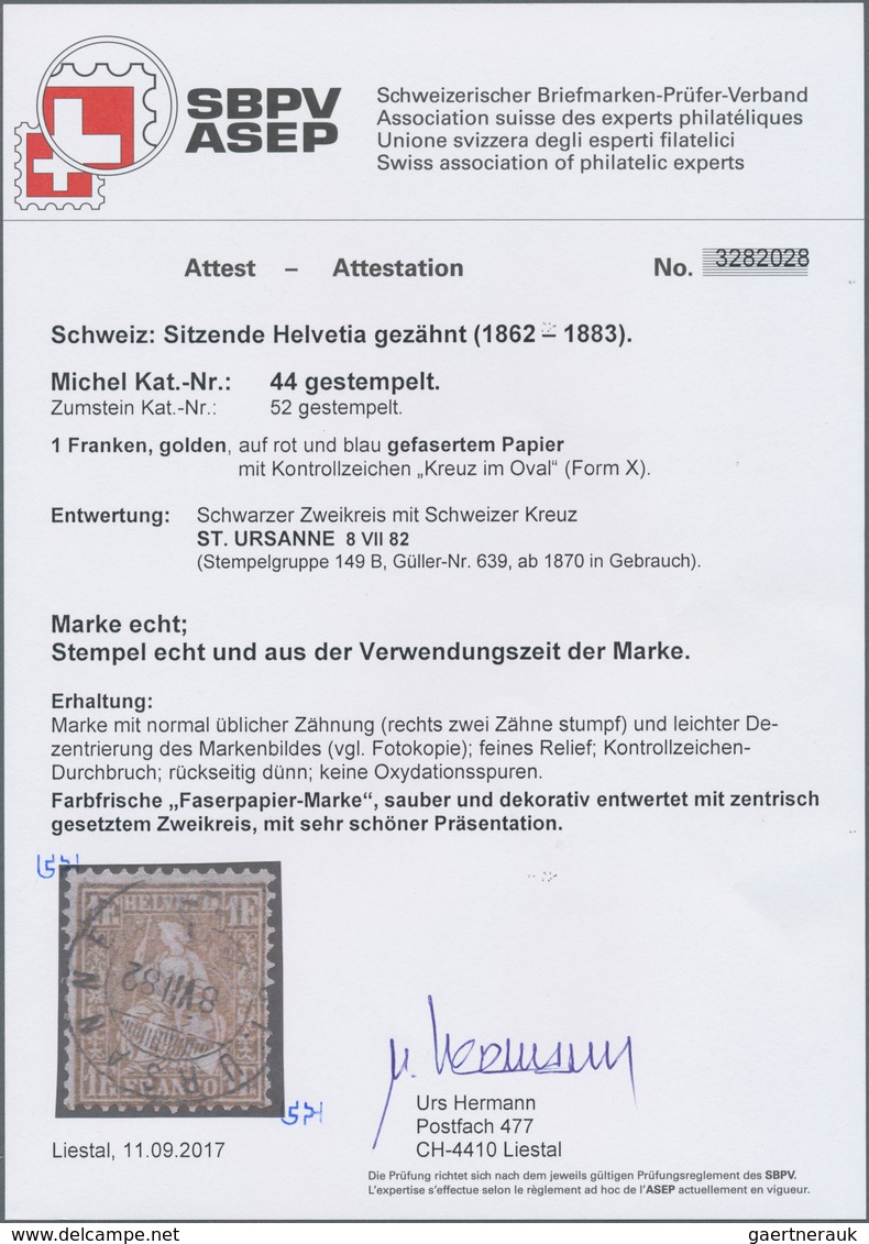 Schweiz: 1882 Sitzende Helvetia 1 Fr. Golden Auf Faserpapier, Gebraucht Und Sauber Entwertet Mit Ort - Altri & Non Classificati