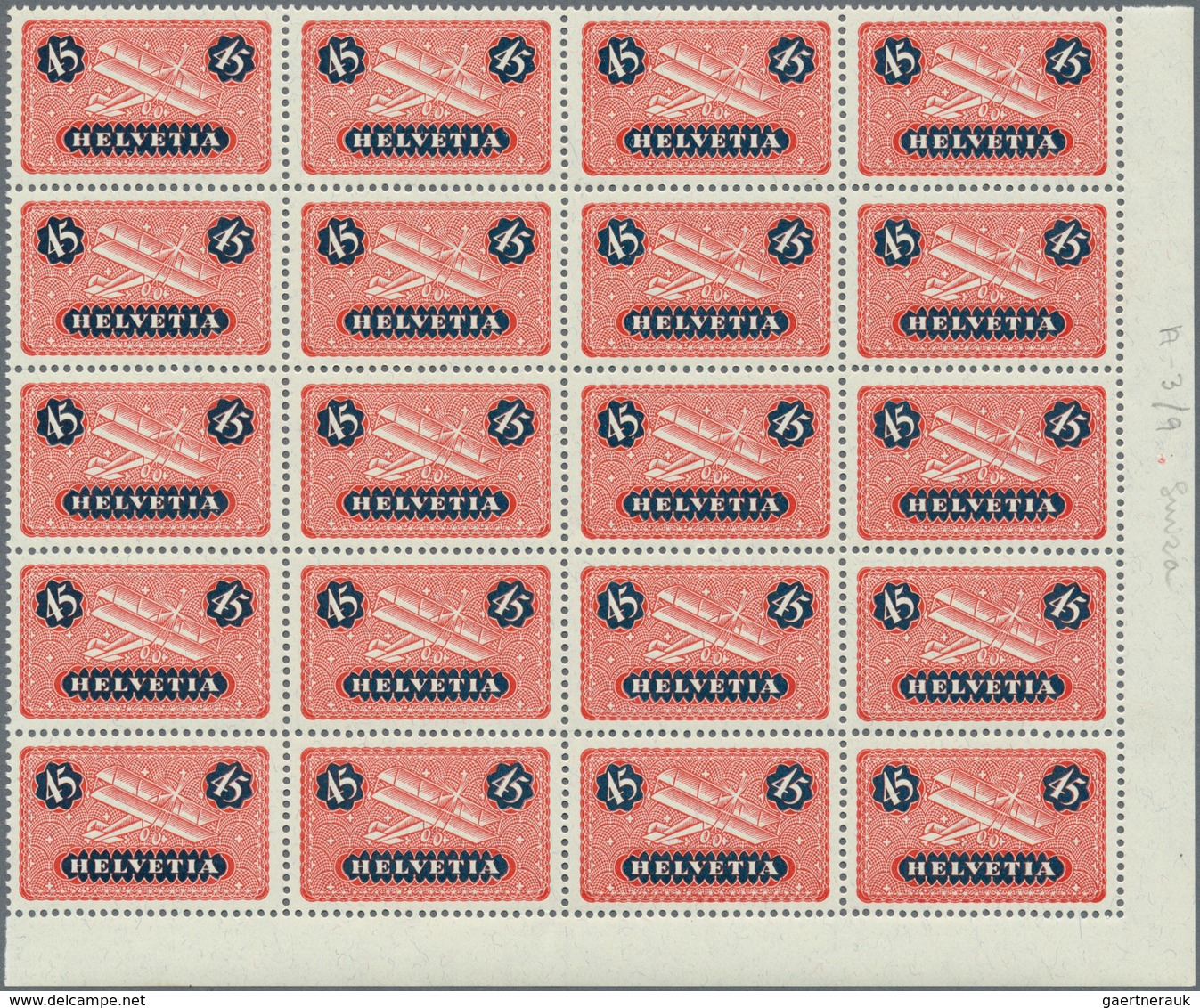 Schweiz: 1923-25 Flugpost-Satz von 7 Werten, von 15 Rp. bis 50 Rp. inkl. 20 Rp. auf glattem Papier,