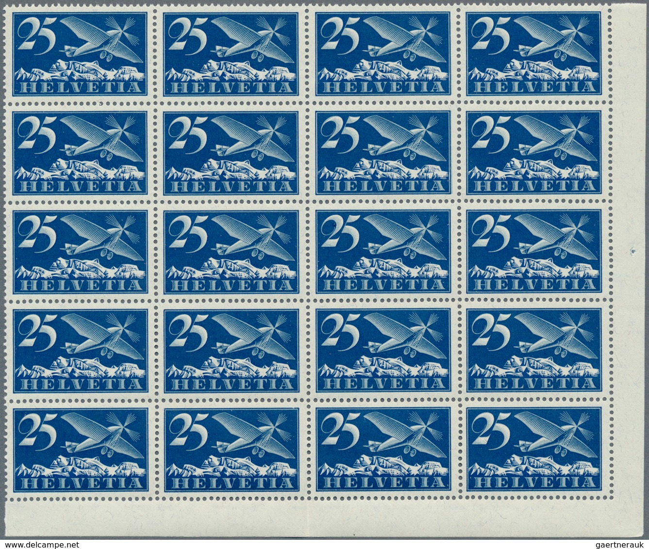 Schweiz: 1923-25 Flugpost-Satz von 7 Werten, von 15 Rp. bis 50 Rp. inkl. 20 Rp. auf glattem Papier,