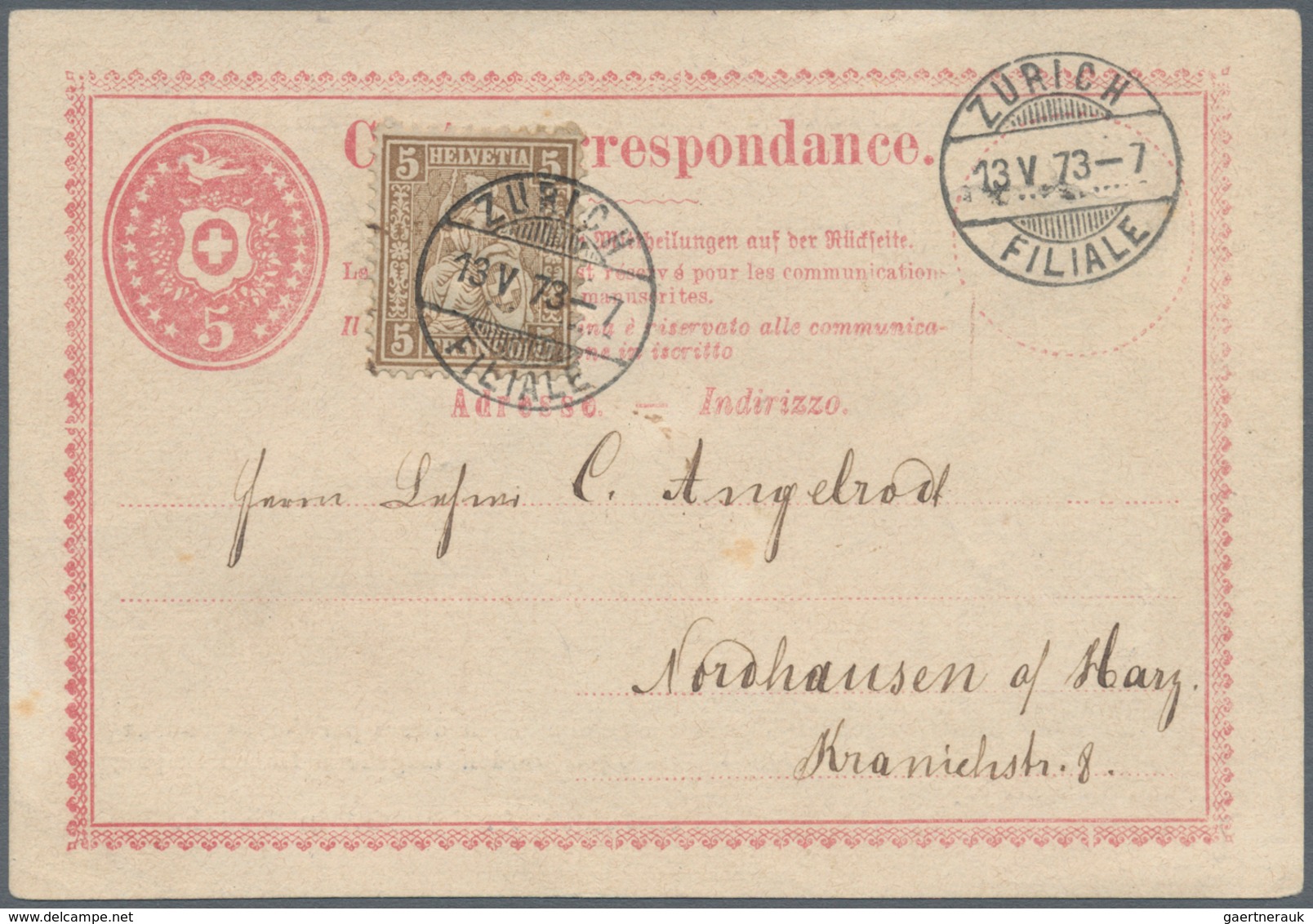 Schweiz - Ganzsachen: 1870 Tübli-Ganzsachenkarte 5 Rp. Mit Rückseitigem Privatzudruck "Schweizerisch - Interi Postali