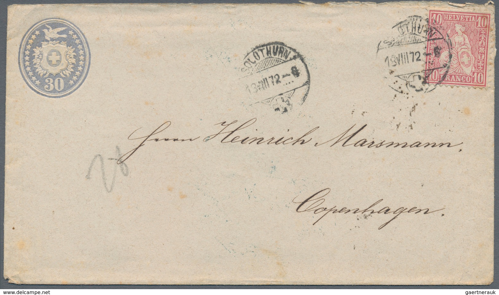 Schweiz - Ganzsachen: 1872, 30 C. "Tübli-Umschlag" Mit 10 C. Stehende Helvetia Als Zusatzfrankatur Z - Postwaardestukken