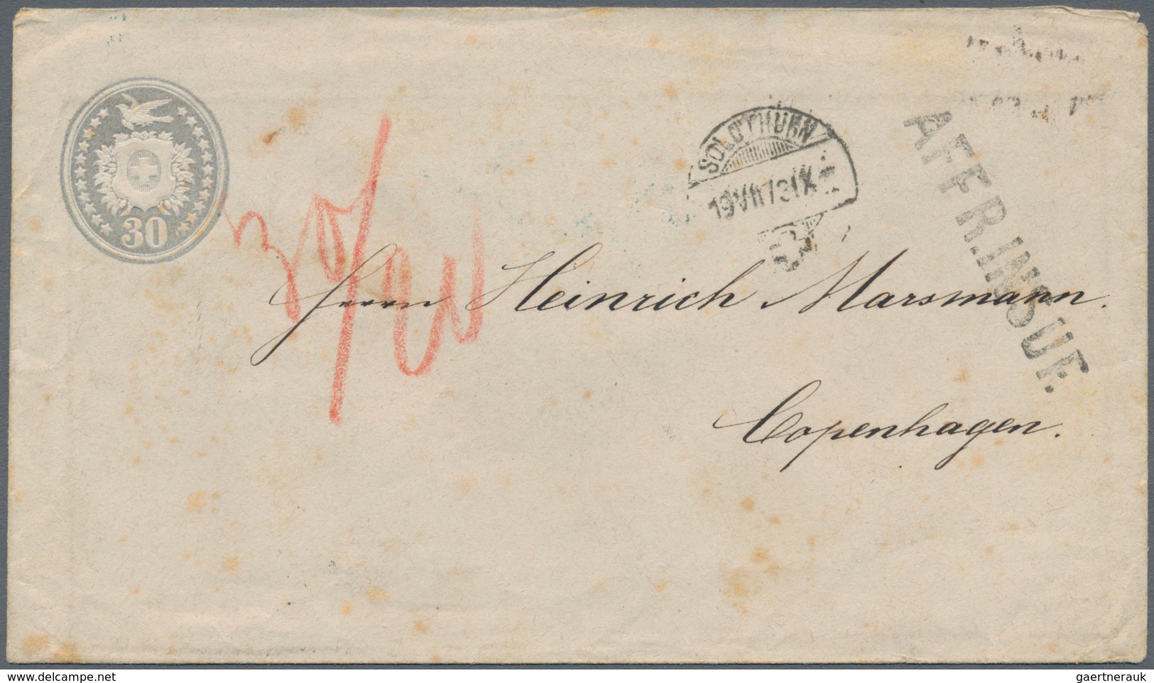 Schweiz - Ganzsachen: 1873, 30 Cent. "Tübli"-Umschlag In Seltener, Unzureichend Frankierter Auslands - Postwaardestukken